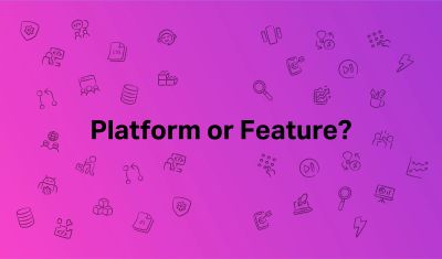 Black text on a pink background reads: Platform or Feature? The words are surrounded by illustrations to represent platform teams and feature teams