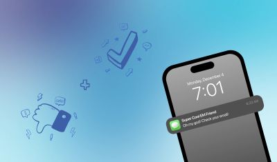 The outline of an iPhone with a notification highlighted. The message is someone called: 'Super Cool EM Friend' and reads: 'Oh my god! Check your email'
