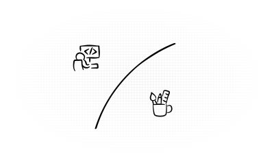 An illustration of a person at a computer screen to represent an engineer and a pot with a pencil and paint brush to represent a designer. There is a solid line between them to represent the divide